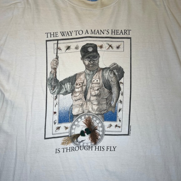 VTG Fishing Humor Angler T-Shirt XXL Mens Outdoors Gorpcore Hanes 1993 Gray USA - Picture 3 of 9